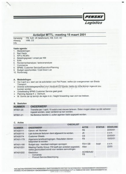 penske logistics actielijst 15 maart 2001
