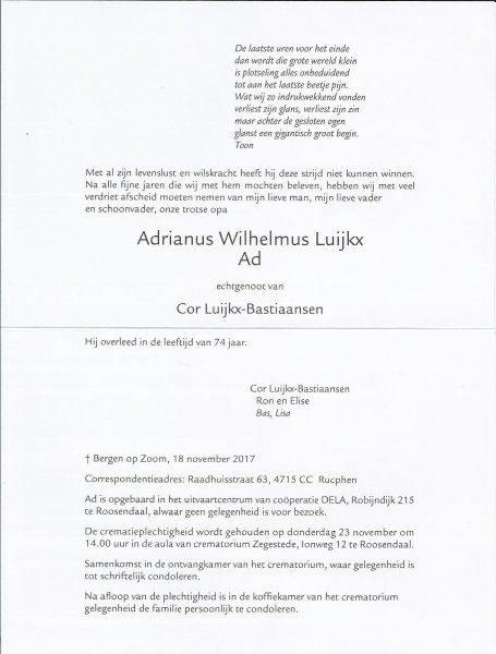 Ad Luykx rouwbrief