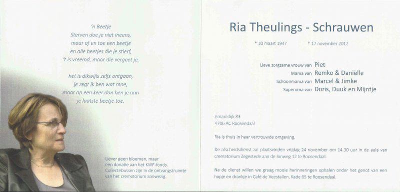 Ria Theulings rouwkaart