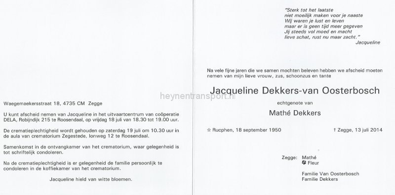 Rouwbrief Jacqueline Dekkers