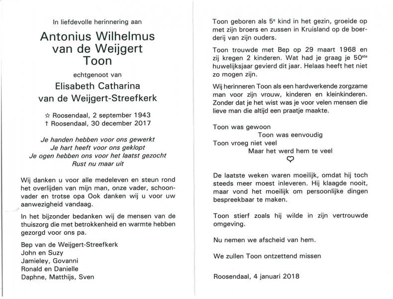 Rouwprentje Toon van der Weijgert (achterkant)