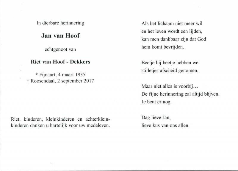 bidprentje Jan van Hoof (achterkant)